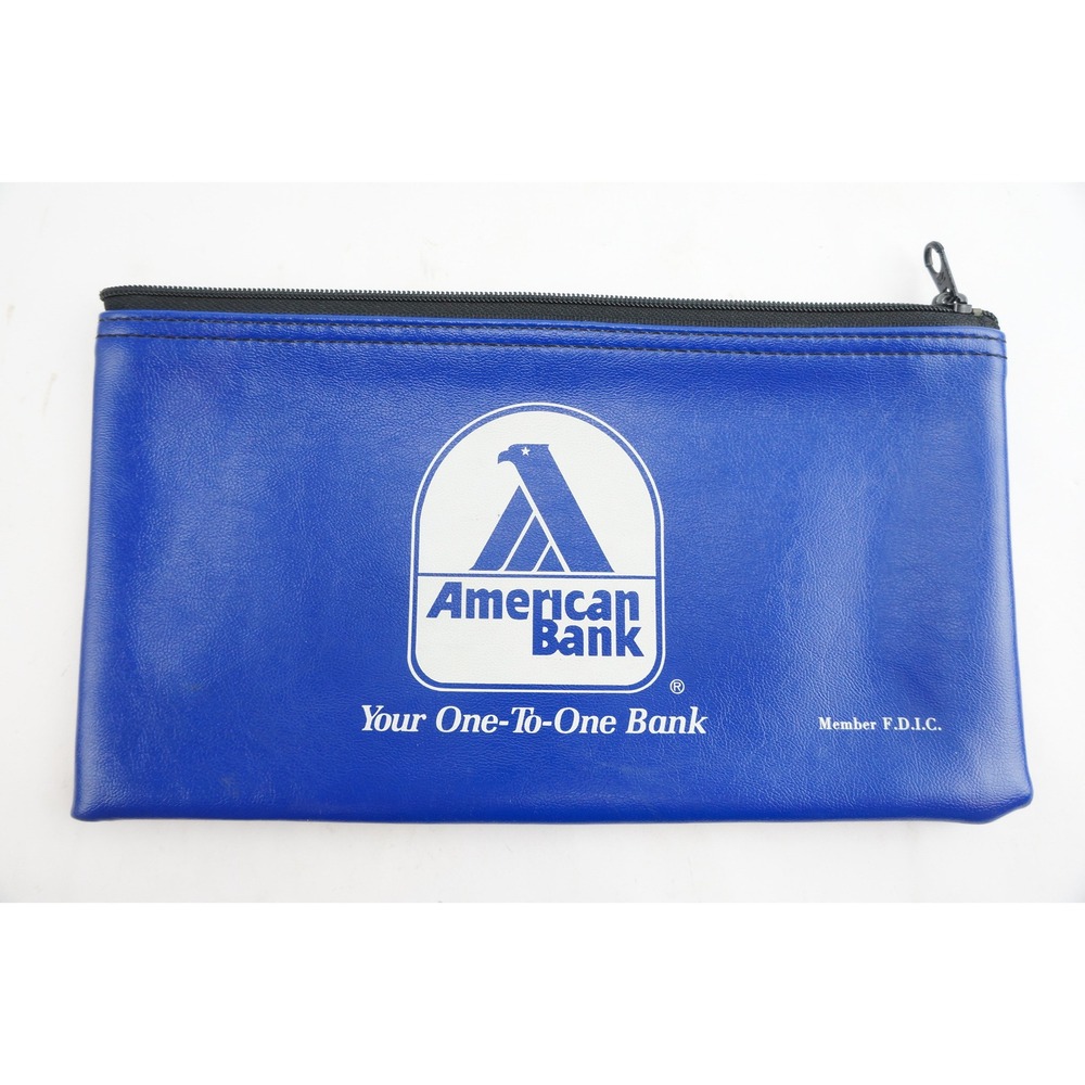 Vintage American Bank Deposit Bag Blue Vinyl Zippered Pouch Good